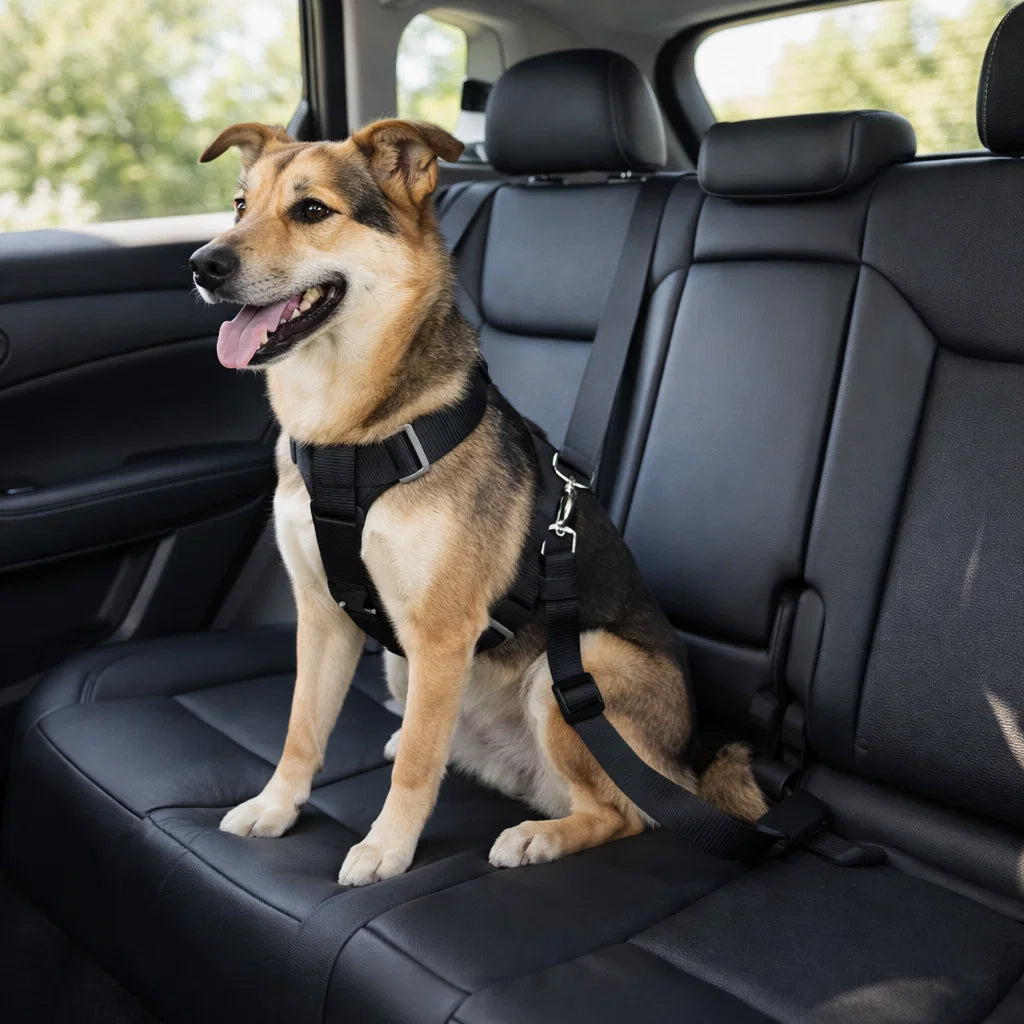 Dog secured with black car safety belt on back seat