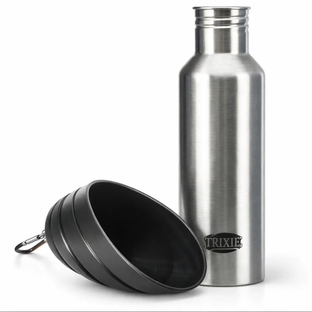 Trixie 750 ml stainless steel dog water bottle with detachable black bowl