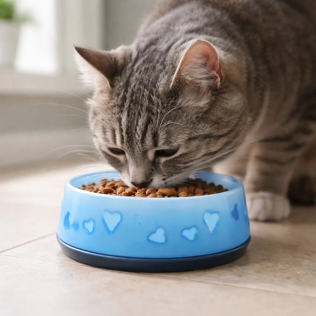 Cat eating from AFP Cat Love Bowl on indoor floor