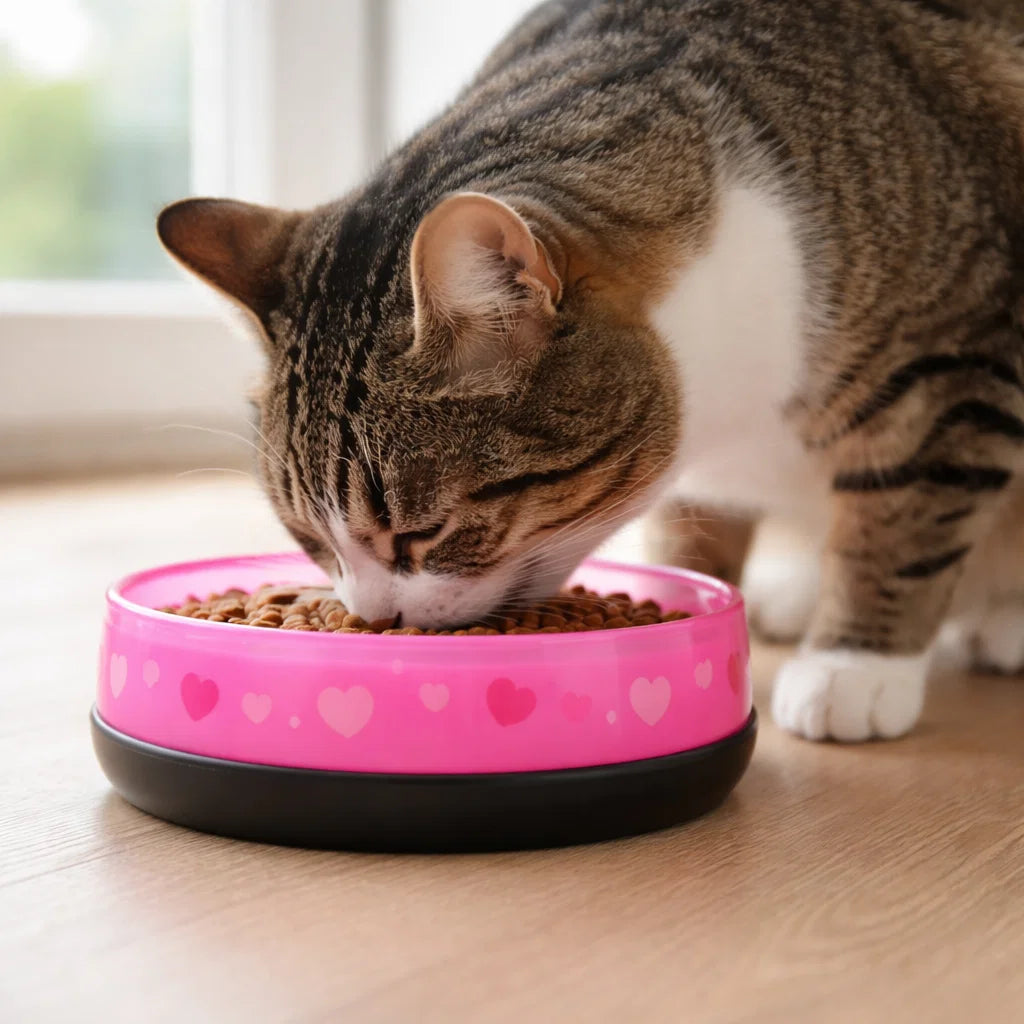 Cat eating from AFP Cat Love Bowl pink feeding bowl indoors