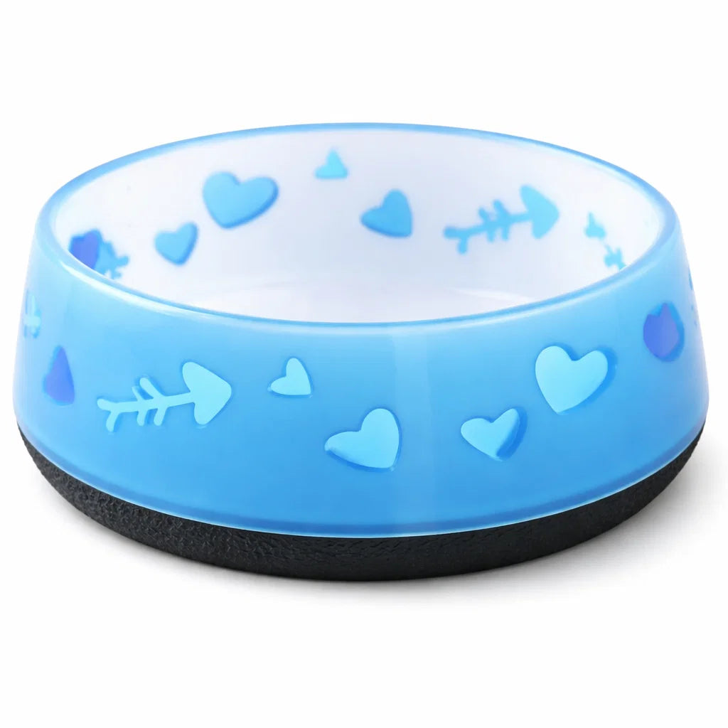 Close-up of AFP Cat Love Bowl with heart pattern and rubber base