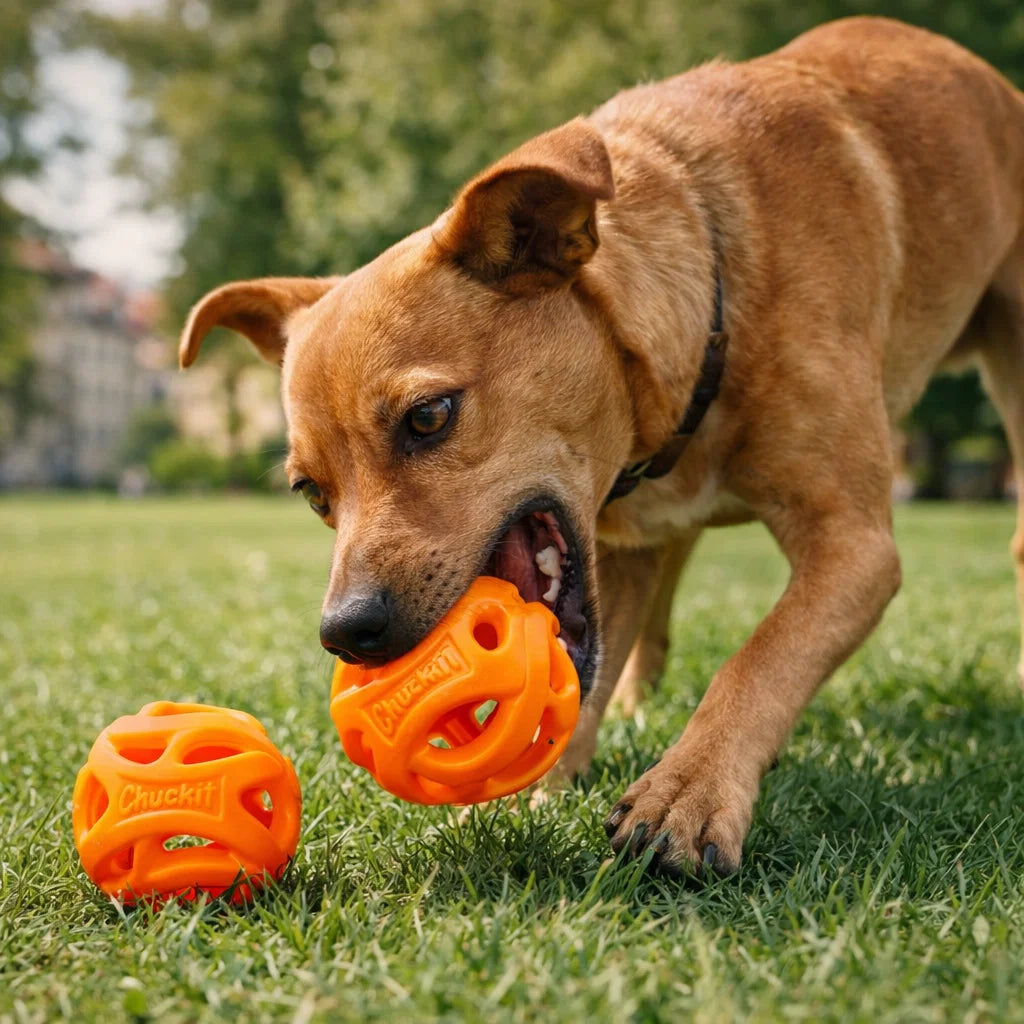 Dog playing with an orange Air Fetch Ball on grass with a second ball nearby