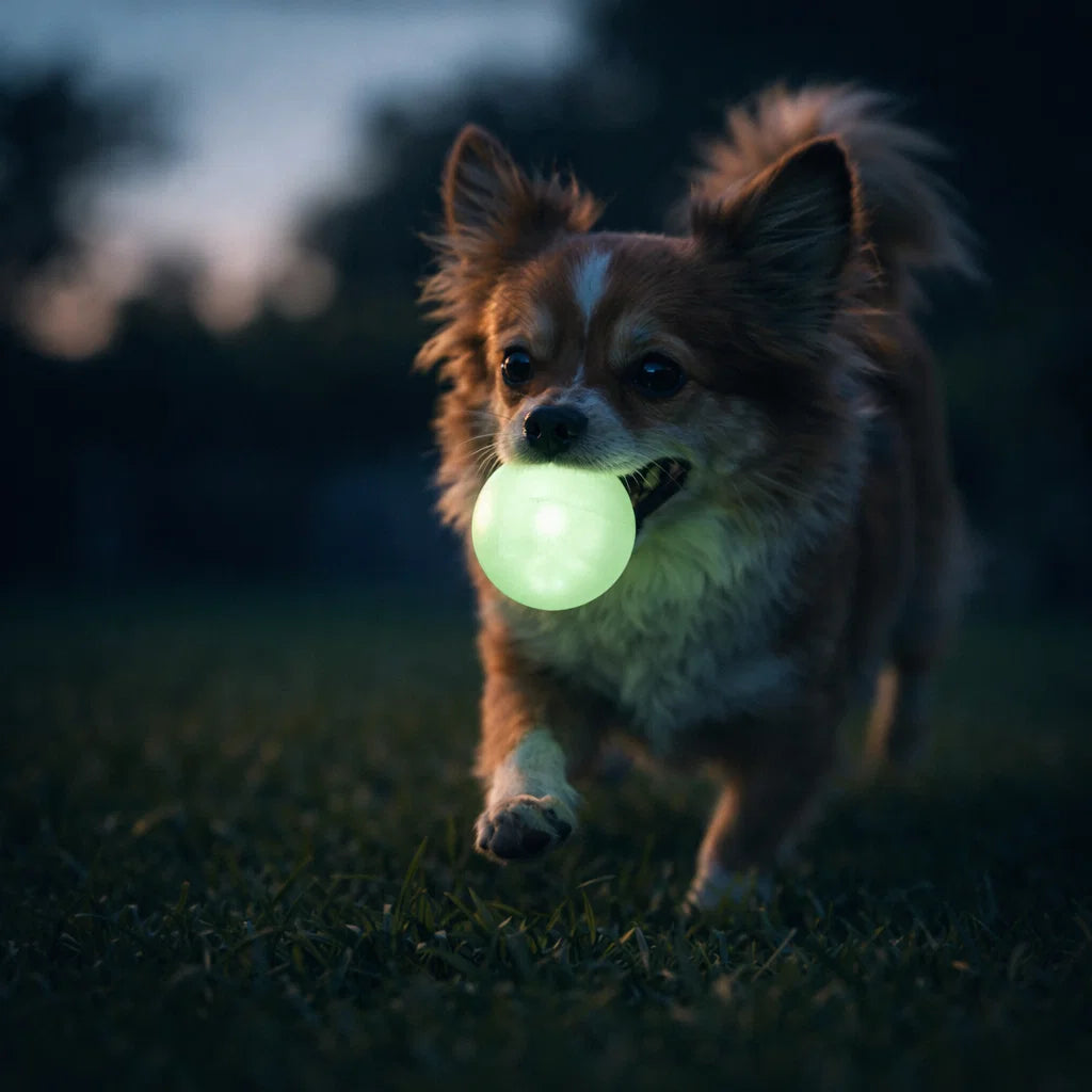 Small dog carrying a glowing fetch ball at dusk