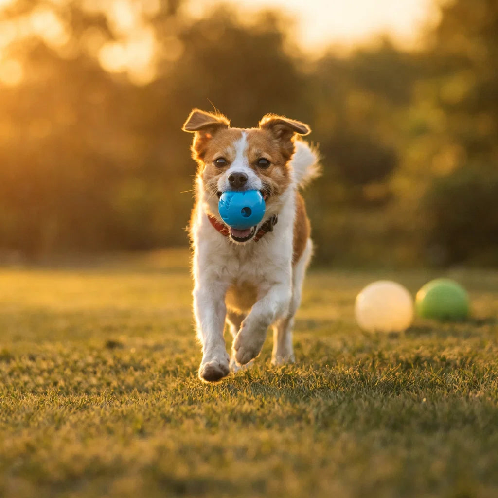 Small dog running with a blue whistler fetch ball in a park at sunset