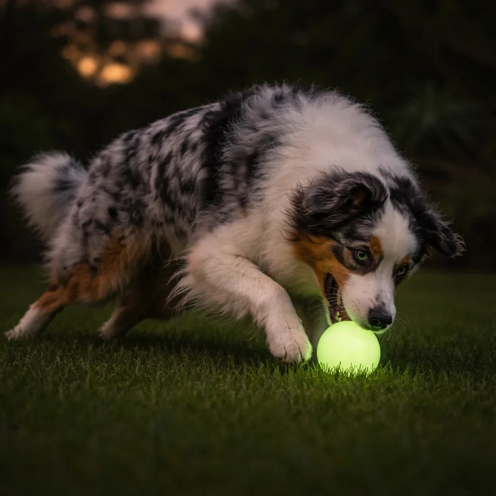 Dog playing with Chuckit Max Glow Ball at dusk
