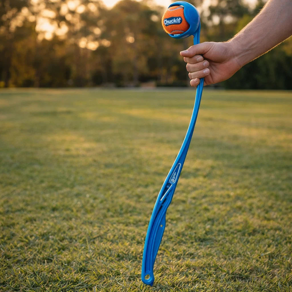 Hand holding a long blue Chuckit ball launcher with orange ball in a park