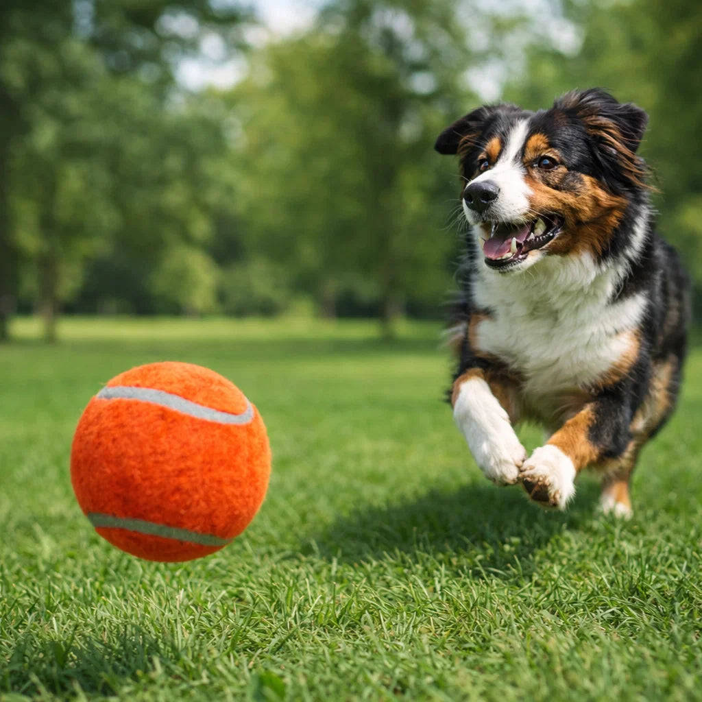 Dog running on grass chasing an orange Chuckit tennis fetch ball
