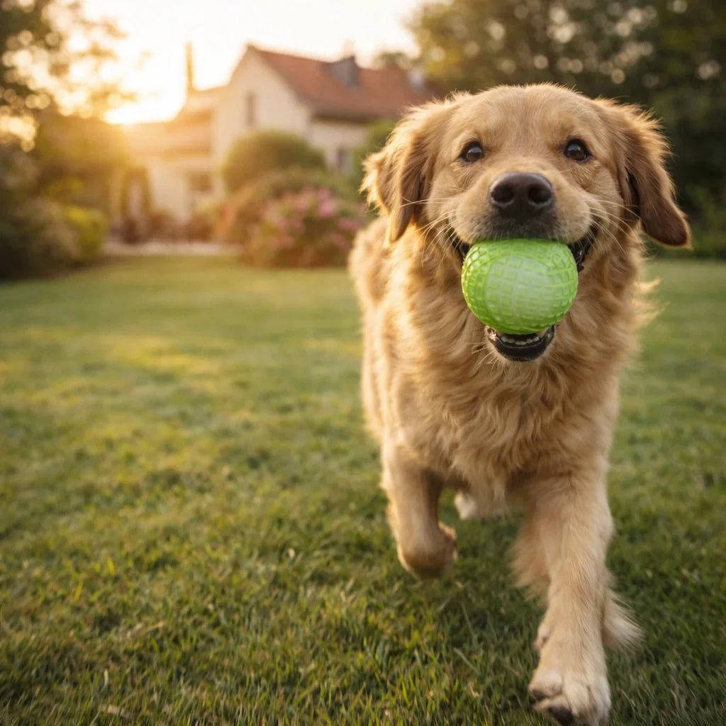 Golden retriever carrying a green rubber ball in a garden at sunset