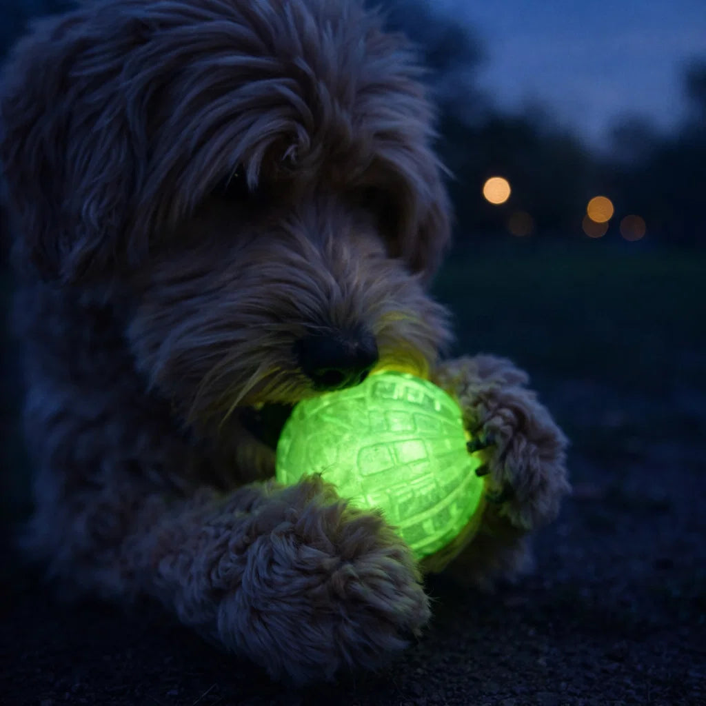 Dog holding a glowing green ball outdoors at dusk