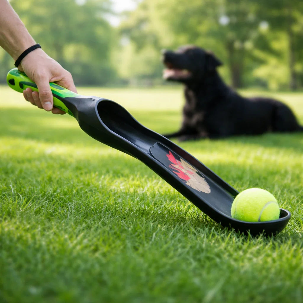Dog ball launcher used in a park while playing fetch with a dog