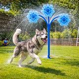 Dog playing in water spray from CoolPets Ice Flower garden sprinkler