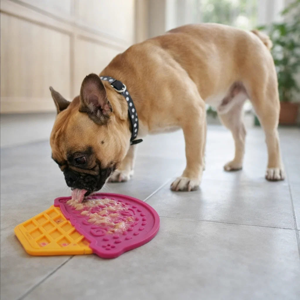 Dog licking food from AFP Chill Out ice cream lick mat