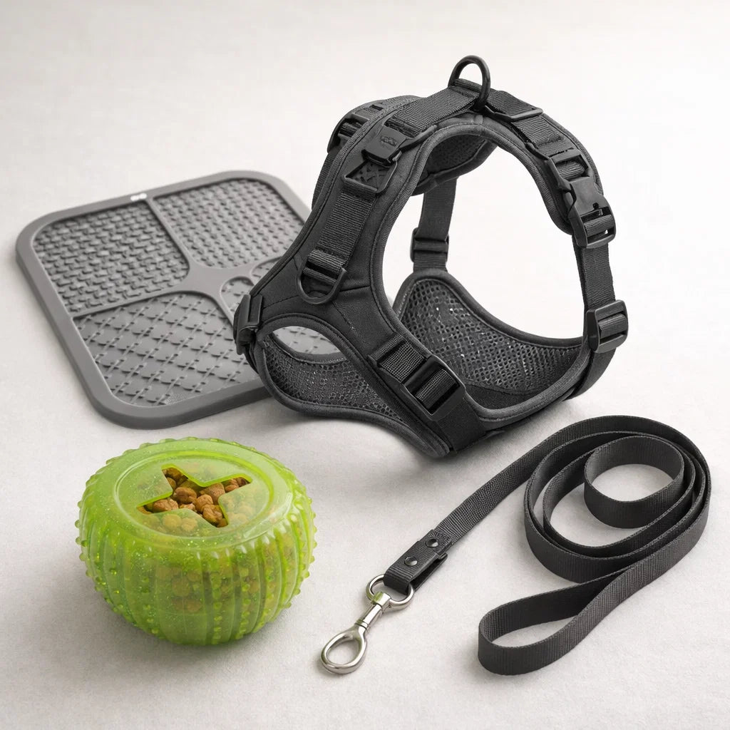 Dog walking routine bundle with harness, leash and enrichment toys