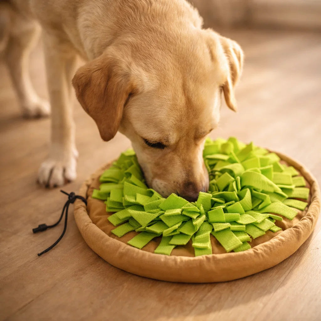 Labrador sniffing treats in green foldable snuffle mat