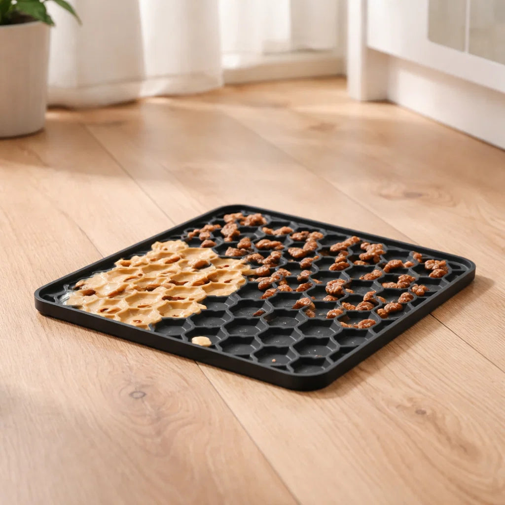 Grey fun and relax lick mat filled with soft dog food