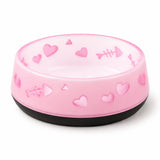 Close-up of AFP Cat Love Bowl pink design with heart pattern and rubber base