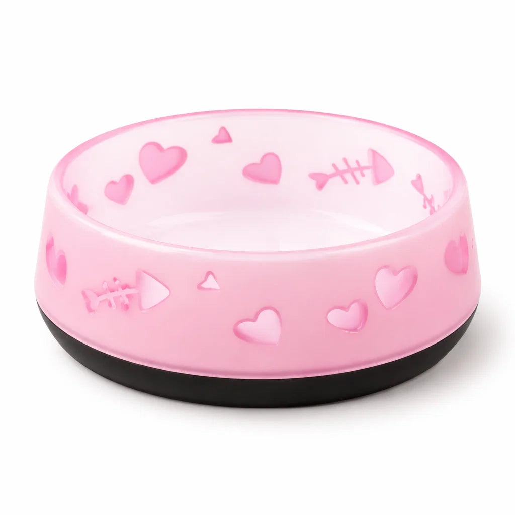 Close-up of AFP Cat Love Bowl pink design with heart pattern and rubber base