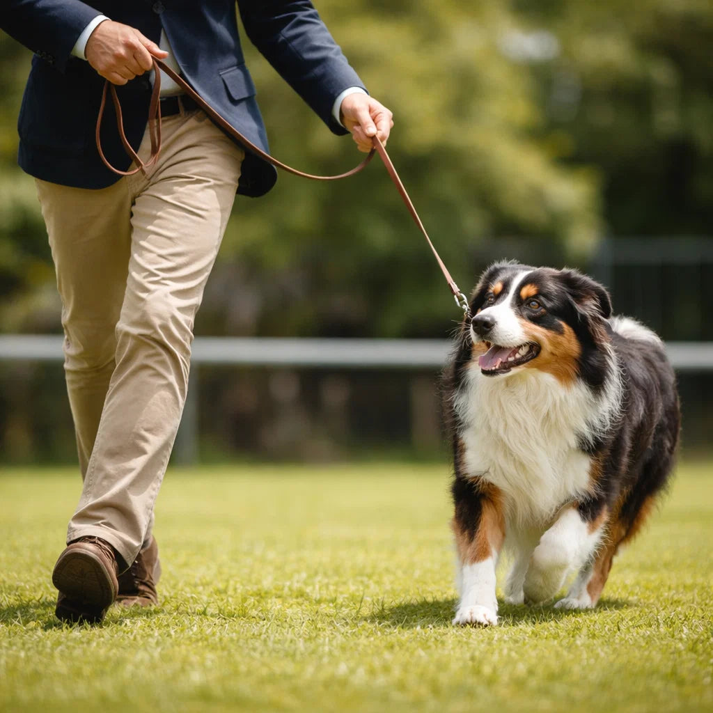 Dog handler using 270 cm leather show leash during training