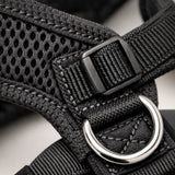 Dog harness reinforced stitching and metal ring detail