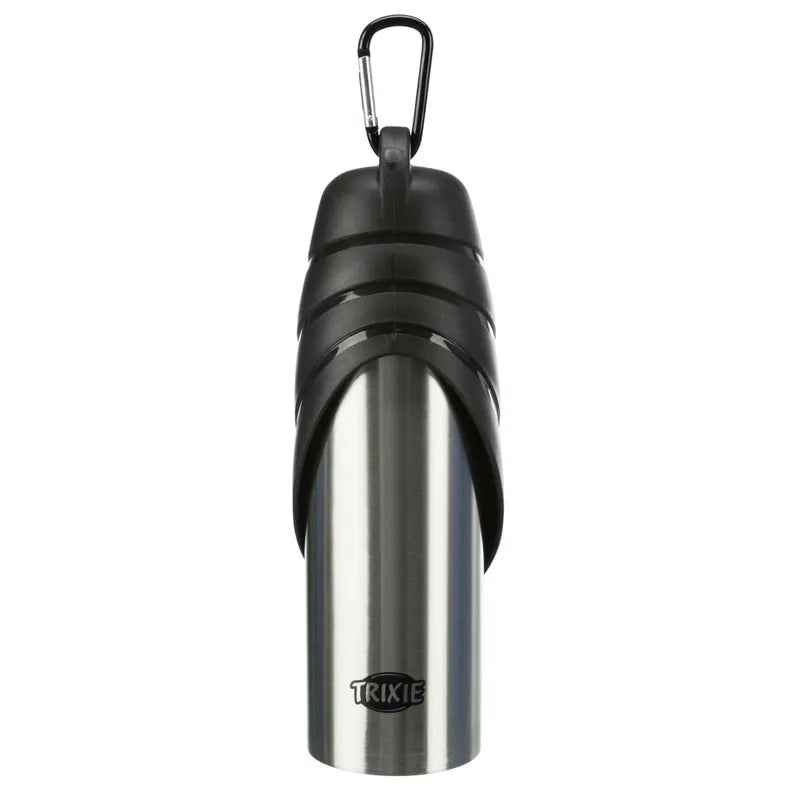 Front view of Trixie 750 ml stainless steel dog water bottle with carabiner
